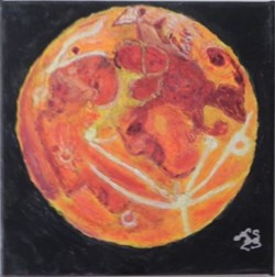 lune rousse peinture acrylique sur toile : visages et animaux