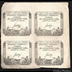 planche de 4 assignats de 50 sols L'an 2 de la République