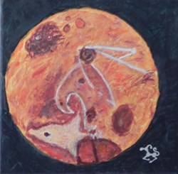 la lune rousse aigle et dauphin peinture acrylique sur toile : visage et animaux .