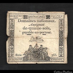assignat de 15 sols L'an 2 de la République