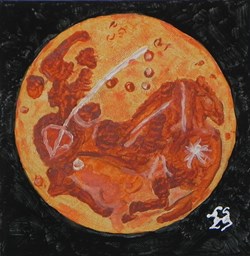 lune rousse peinture acrylique sur toile : visages et animaux voir carte de Cassini de 1671.