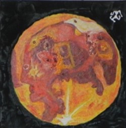 lune rousse peinture acrylique sur toile : visages et animaux