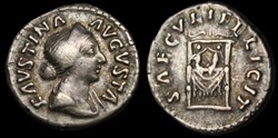 Faustina II AR Denarius RIC 711 (Aurelius) RSC 190, Pulvinar