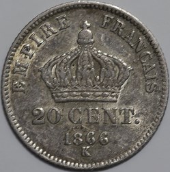 20 centimes III Napoléon tête laurée, petit module 1866