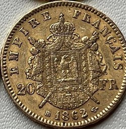 20 frs OR NAPOLEON III 1862BB tête laurée
