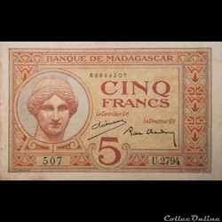 MADAGASCAR - P 35 B - 5 FRANCS - 1937