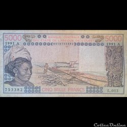 COTE D'IVOIRE - P 108A R - 5000 FRANCS - 1991