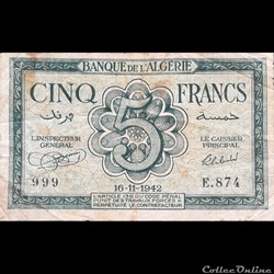 ALGERIE - P 91 - 5 FRANCS - 1942