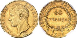 40 FRANCS OR NAPOLEON IER 1806 W NGC AU58+