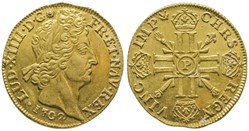 Double Louis d'or Louis XIV aux 8L et Aux Insignes 1702 P DIJON Flan neuf