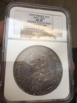Ecu d'argent Louis XV aux branches d'olivier 1727 P DIJON NGC AU58 EX GRUNDY COLLECTION