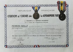 1971 Diplôme et médaille de l'Ordre de la Gendarmerie Nationale avec Etoile de Bronze