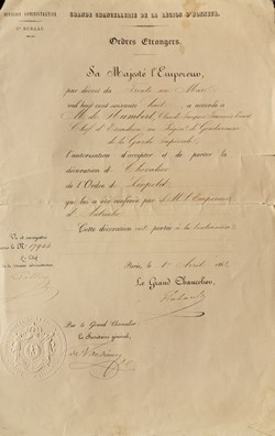 1868 Diplôme de Chevalier de l'Ordre de Leopold par l'Empereur d'Autriche