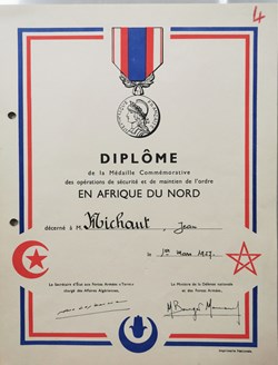 1957 Diplôme de la médaille des opérations de sécurité et de maintien de l'ordre en Afrique du Nord