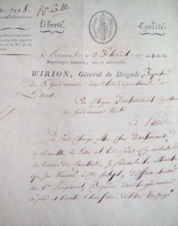 1800 Lettre du Général WIRION, Inspecteur de la Gendarmerie dans les départements de l'Ouest
