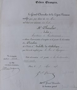 1878 Diplôme de Chevalier de l'Ordre d'Isabelle-la-catholique