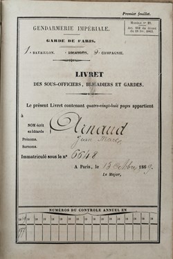 Livret 1869 Gendarme à pied de la Garde de Paris ARNAUD