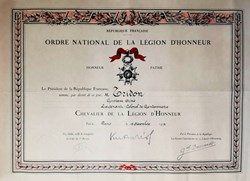 1953 Diplôme de Chevalier de l'ordre de la Légion d'Honneur
