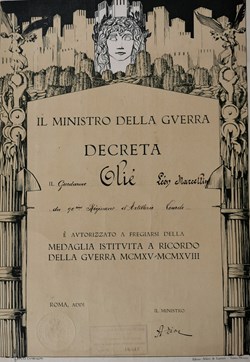 1919 (vers) Diplôme de la médaille italienne commémorative de la Guerre 1915-1918