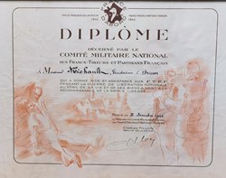 1945 Diplôme de Reconnaissance du Comité Militaire National des Francs-Tireurs et Partisans Français