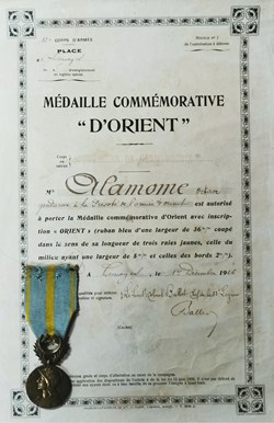1926 Diplôme et médaille Commémorative de l'Armée d'Orient