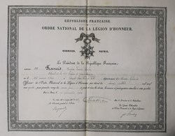 1904 Diplôme d'Officier de la Légion d'Honneur