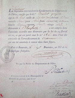 1803 Attestation d'amnistie d'un déserteur, fait par le Lieutenant de Gendarmerie de l'Oise