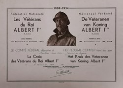 1961 Diplôme de la Croix des Vétérans du Roi Albert 1er de Belgique