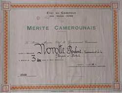 1960 Diplôme de la médaille de 3ème classe du Mérite Camerounais