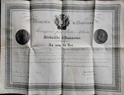 1844 Diplôme de la Medaille d'Honneur pour Belles Actions