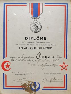 1957 Diplôme de la médaille des opérations de sécurité et de maintien de l'ordre en Afrique du Nord