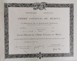 1967 Diplôme de Croix de Grand Officier de l'Ordre du Mérite National