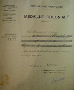 1947 Diplôme de la médaille Coloniale sans agrafe