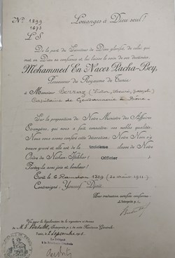 1911 Diplôme d'Officier de l'Ordre du Nichan Iftikhar de 3ème classe