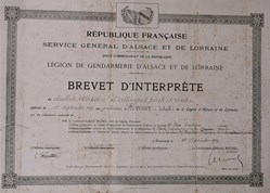 1919 Diplôme de Brevet d'Interprète d'Alsacien et Allemand parlé et écrit
