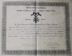 1872 Diplôme d'Officier de l'Ordre National de la Légion d'Honneur