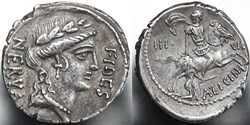 Crawford 454/1 A. LICINIVS NERVA IIIVIR (A. Licinius Nerva) Denar