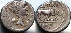 Crawford 489/6 M.ANTONI with M.LEPID(M.Antonius, M. Aemilius Lepidus)Quinarius, 43/42 B.C., Lugdunum