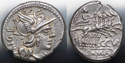 Crawford 223/1, C.CVR TRIGE (C. Curiatus Trigeminus), Denar, 142, Rom