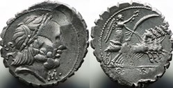 Crawford 364/1, Q. Antonius Balbus, Denar (with Stannard gouge)