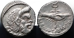 Crawford 451/1 ALBINVS BRVTI.F, C.PANSA (D. Postumius Albinus, C. Vibius C.f.C.n. Pansa), Denar