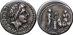 Crawford 334/1 L.POMPON MOLO (L. Pomponius Molo), Denar, 97 BC