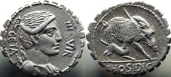 Crawford 407/1, C.HOSIDI C.F GETA IIIVIR (C. Hosidius C.f. Geta) Denar, 68 B.C.