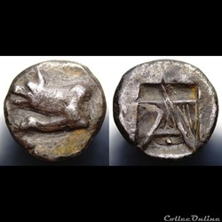 Argolis, Argos. AR Triobol, c. 480-430 BC. Wolf / A within incuse square - Silber