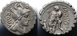 Crawford 380/1, C.POBLICI Q.F (C. Poblicius Q.f.), Denar, Serratus