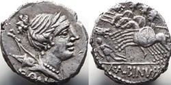 Crawford 335/9, C. MALL, A.ALBINVS S.F, L.METEL (C. Publicus Matteolus, A. Postumius Albinus...)