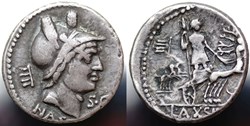 Crawford 400/1a, L.AXIVS L.F. NASO (L.Axius Naso), Denarius (possibly Fouree)