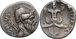 Crawford 511/2 MAG.PIVS IMP.ITER.PRAEF.CLAS.ET ORAE MARIT(Sex.Pompeius Pius), Denarius