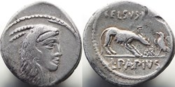 Crawford 472/1 L.PAPIVS CELSVS IIIVIR (L. Papius Celsus) Denarius, 45 B.C. Rome