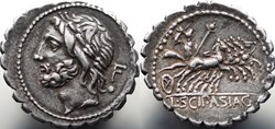 Crawford 311/1a, L.SCIP ASIAG (L. Cornelius Scipio As) Denar (Serratus)